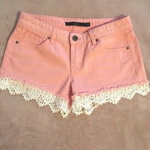 Crochet lace trim coral pink denim shorts